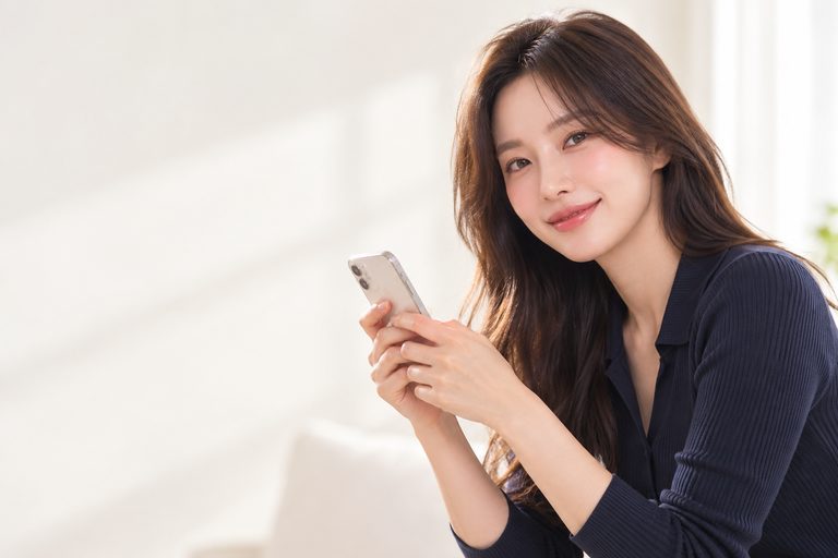 집에서 스마트폰을 들고 미소 짓는 여성
